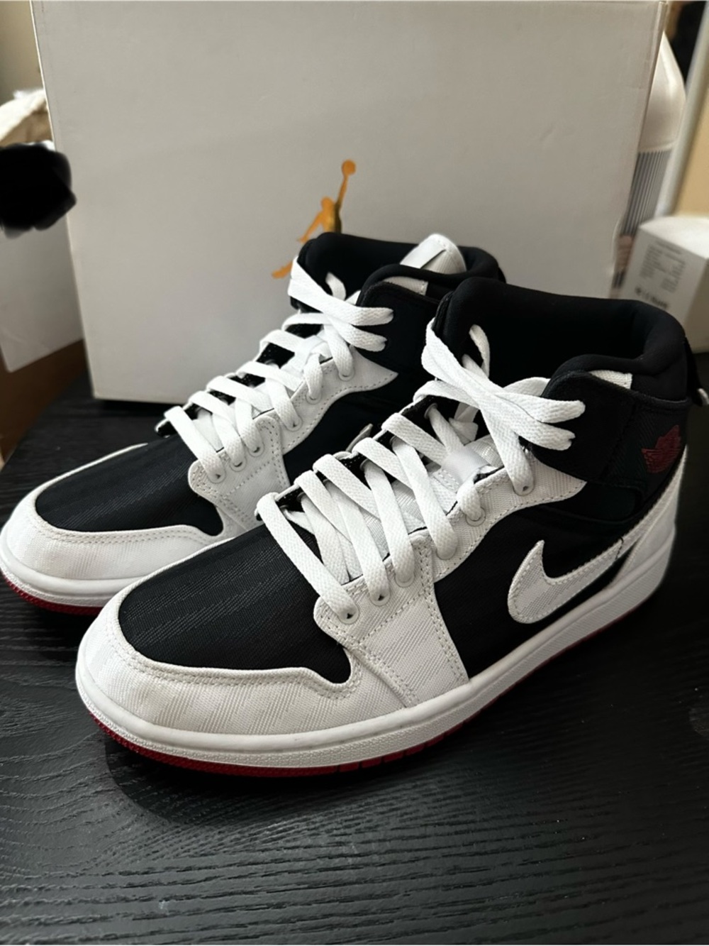 Jordan 1 Utility Women’s Mid Black White and Red Sneakers
